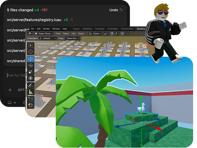 Game design collage with 3D scene and character