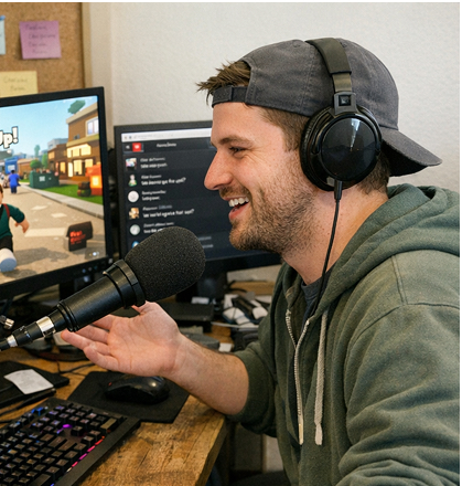 Community manager streaming and speaking into a microphone